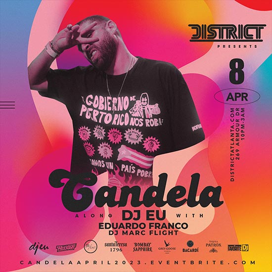 Join us for Atlanta's hottest monthly party on April 8th! Candela is a Latin Fusion event featuring sounds by DJ EU, DJ Eduardo Franco, and DJ Marc Flight! Tickets are going fast, so don't wait - get yours today and experience an unforgettable night!